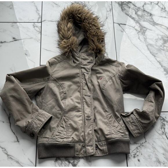 Hollister Jackets & Blazers - VTG HOLLISTER GRAIL Y2K Olive Bomber Flannel Lined Detachable Fur Trim Hoodie